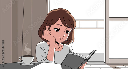 A cartoon woman reading a book with a cup of coffee.
