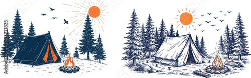 Serene camping scenes under a bright sun with tents and campfires in a forest setting