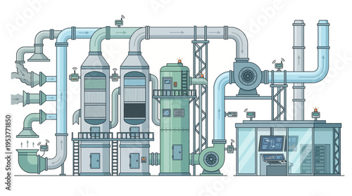 Industrial factory pipeline system with machinery.