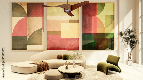 Large illustration 3D rendering luxury modern bright interiors Living room mockup with Couch and Ceiling Fan Ventilation