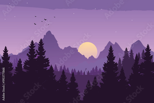 Purple mountain landscape with silhouetted trees and a golden sun