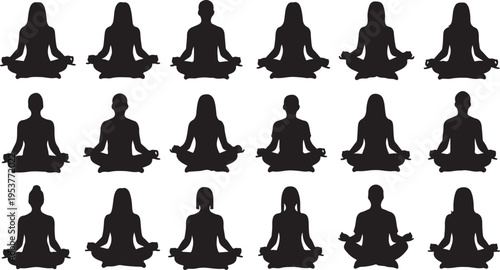 Silhouettes of people meditating in lotus position together calmly