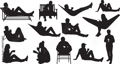 People in various relaxing and leisurely poses silhouettes