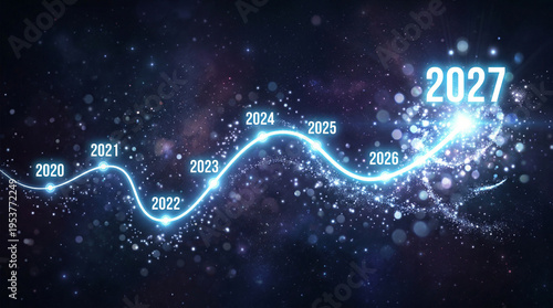 Blue cosmic timeline wave from 2020 to 2027 with spark flare. Future growth concept.