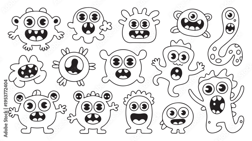 Fototapeta premium Cartoon Monsters With Big Eyes And Teeth On White Background For Kids Entertainment Concepts