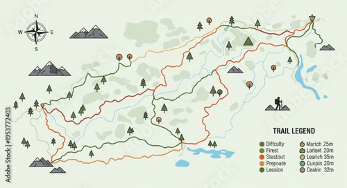 Detailed Trail Map Illustration with Legend and Compass Rose.