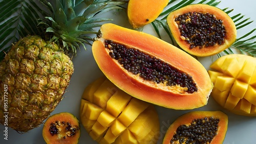 Fresh tropical fruits including pineapple papaya and mango