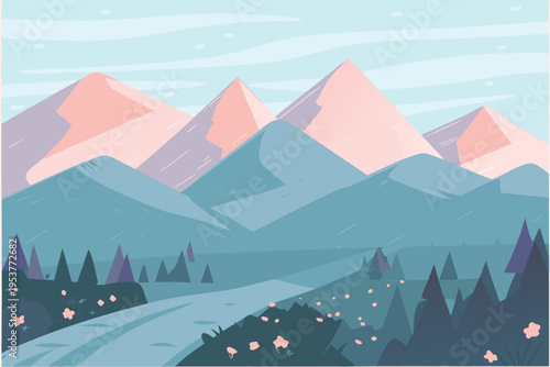 Stylized mountain range with a winding river and sparse trees