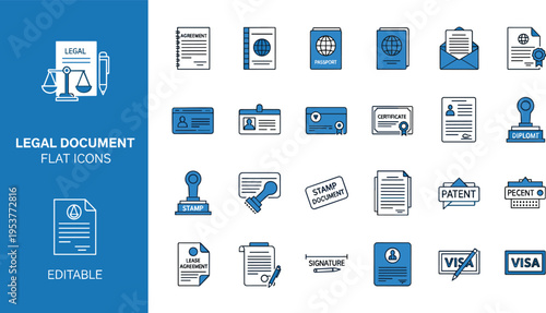 Blue and white legal document documents flat