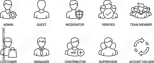 Black and white line of people with various roles admin guest moderator verified team member