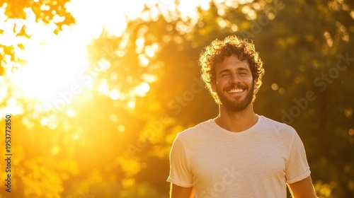 Radiant Joy: A portrait of pure bliss, capturing a person in the warmth of the sun, his genuine smile radiating happiness and contentment.