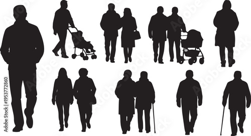 Silhouettes of people walking in various groups and ages