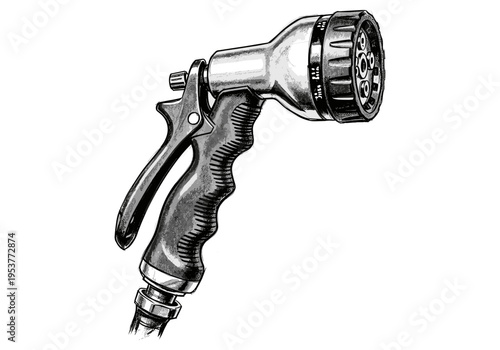 Detailed illustration of a multi-pattern garden hose nozzle with a trigger and textured grip