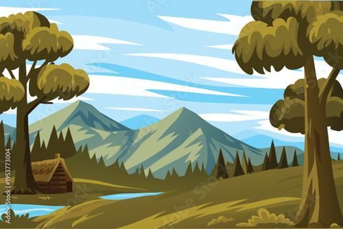 A rustic cabin rests peacefully amidst lush mountains and greenery