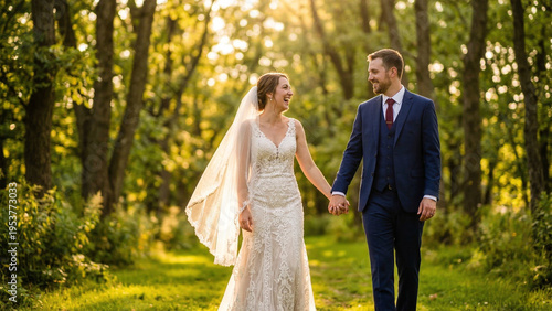 따뜻한 햇살이 비치는 숲속 산책로를 손잡고 걷는 신랑 신부 웨딩 스냅