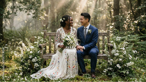 햇살이 비치는 신비로운 숲속 벤치에 마주 앉아 웃는 국제 커플 웨딩 스냅