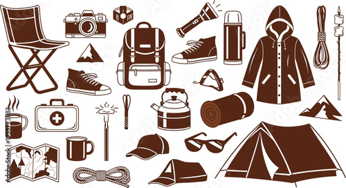 Brown camping collection with outdoor gear equipment tent