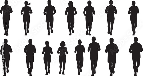 Silhouettes of people running in various poses and directions