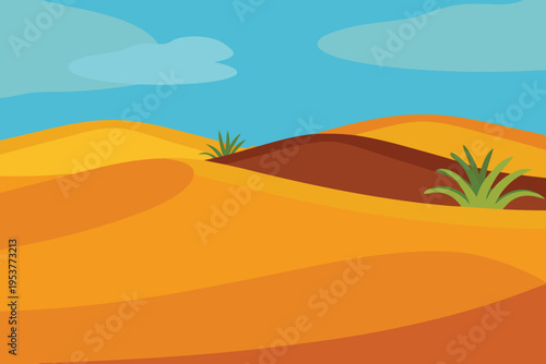 Stylized desert landscape with rolling dunes and sparse vegetation