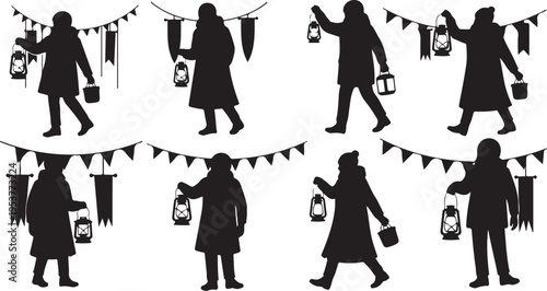 Silhouette of woman walking with lanterns and party decorations