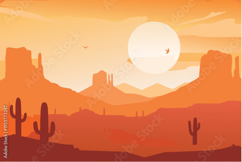 Desert landscape with a large sun and silhouetted cacti