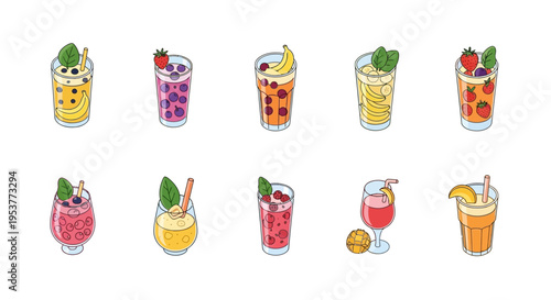 Assortment of refreshing and vibrant fruit smoothies, a colorful visual display, various flavors
