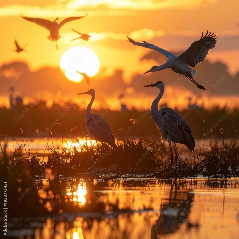 Fototapeta premium Sunrise flight of elegant cranes over tranquil wetland, golden light