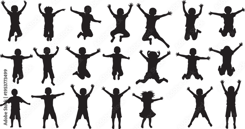 Fototapeta premium Silhouettes of people jumping in various joyful playful poses