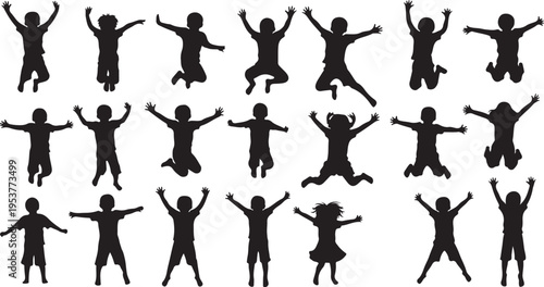 Silhouettes of people jumping in various joyful playful poses