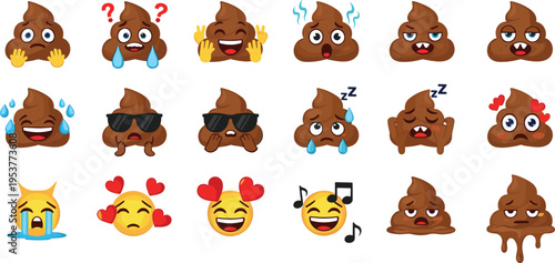 Brown poop emojis with various expressions and emojis faces 1