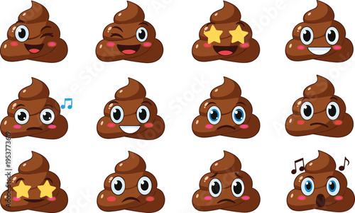 Brown poop emojis with different facial expressions smiling winking