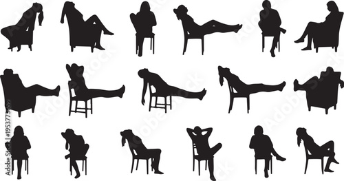 Silhouettes of people sitting in various chair positions relaxed