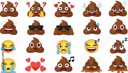 Brown poop emojis with various expressions and emojis faces