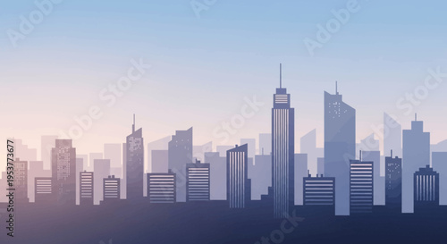 Abstract illustration of a city skyline at dusk with layered silhouettes of buildings