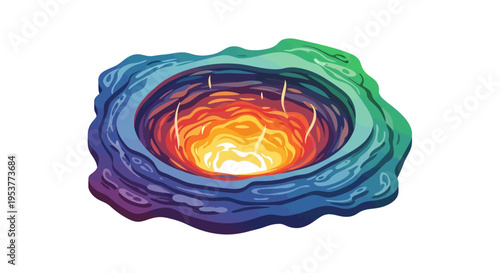 Abstract illustration of a colorful volcanic crater emitting vibrant, hot, bright light