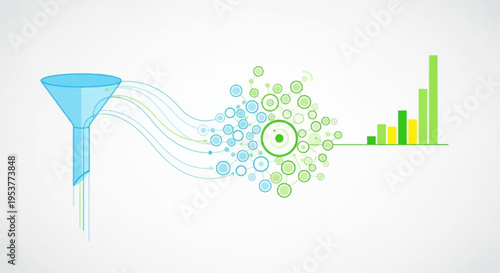 Abstract illustration of data filtering and analysis visualized with funnel and graph