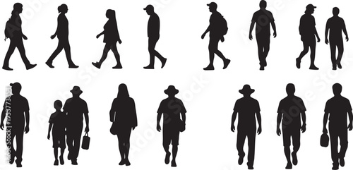 Silhouettes of people walking in various poses and outfits
