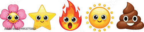 Cartoon emoji faces flower star fire sun poop