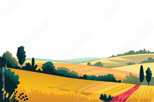 Rolling hills of golden farmland under a clear blue sky
