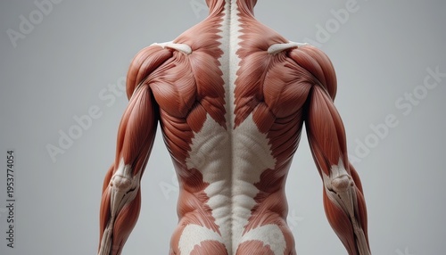 3D male muscular anatomy back view detailed medical illustration fitness health education