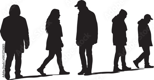 Silhouettes of people walking in different poses and directions