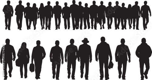 Silhouettes of people walking in groups on white background