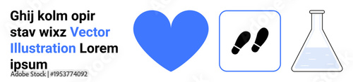 Love, science, health, movement, discovery, and education. A blue heart, footprints in a square and a laboratory flask with liquid. Love and science concept for various applications