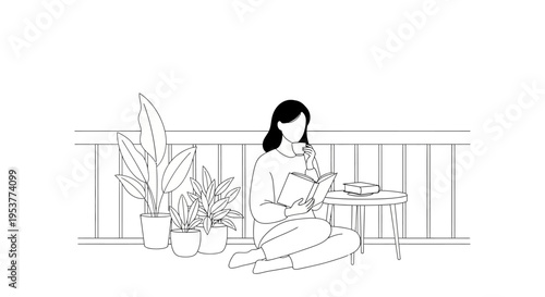 Woman relaxing with plants on balcony.