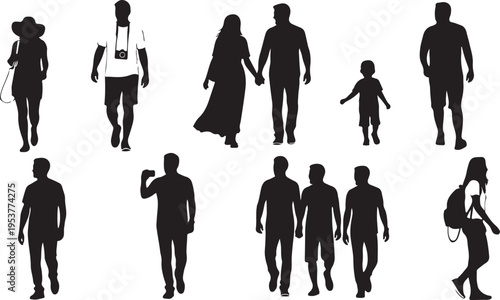 Silhouettes of people walking in various poses and outfits