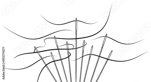 Abstract illustration of needles and threads, monochrome artistic representation design