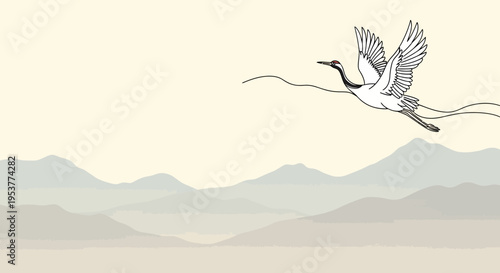 Elegant RedCrowned Crane in Flight with Flowing Ribbons.