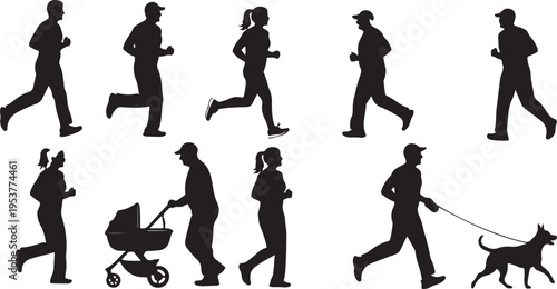 Silhouettes of people running jogging walking with dog stroller