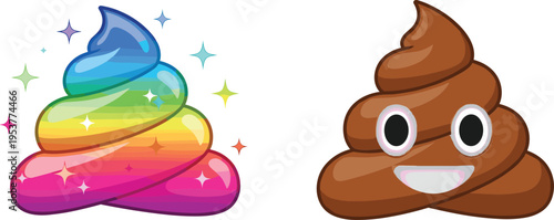 Cartoon rainbow poop and smiling brown poop emojis