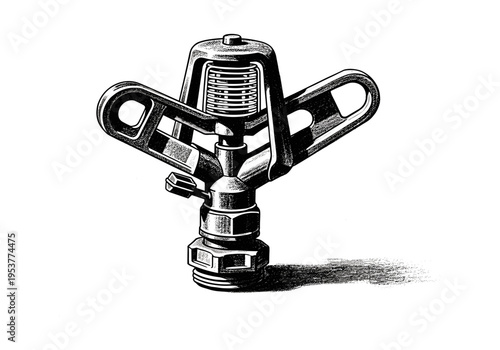 Detailed illustration of a metal garden sprinkler head with a shadow on a white background